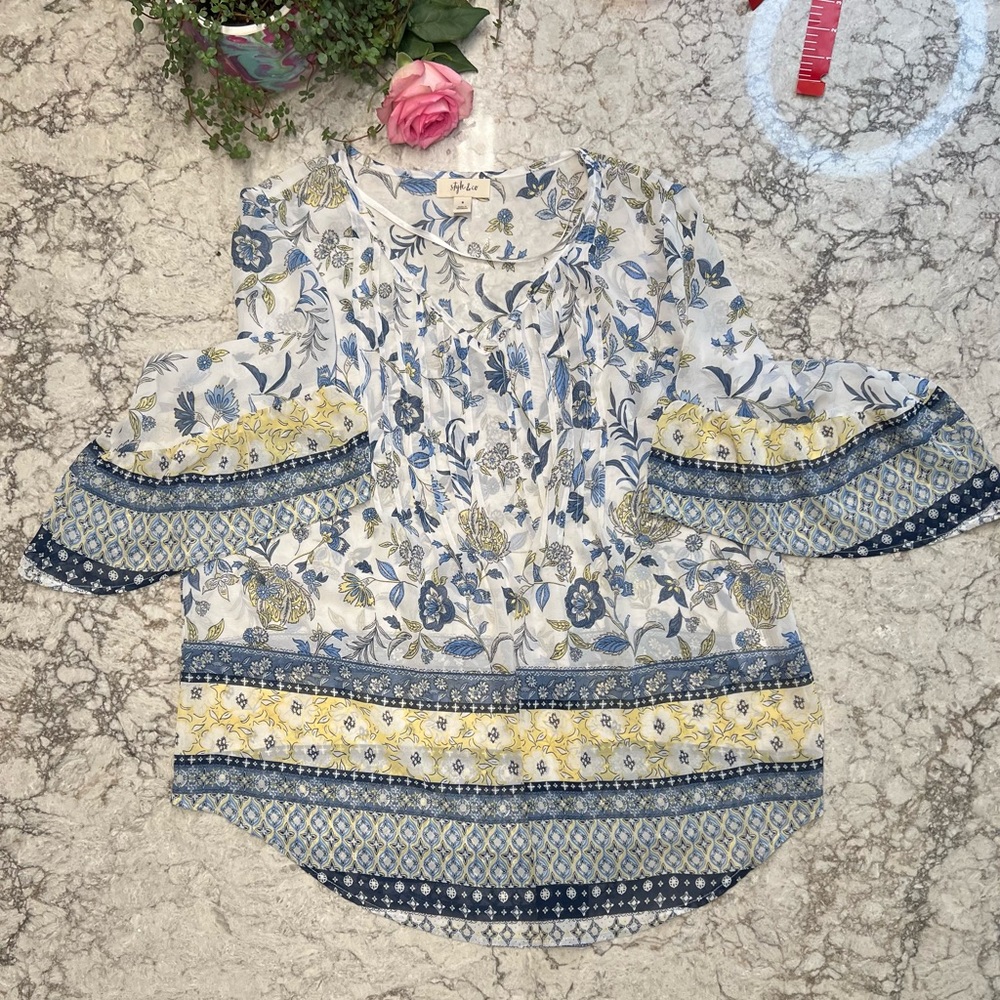 Style & Co. V Neck Bohemian Style Floral Blouse with Frilly Flowy Sleeves - Picture 3 of 6